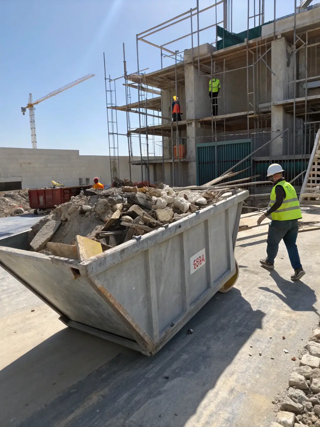 A roll-off dumpster filled with construction debris at a construction site in El Paso, Texas, with workers in the background.