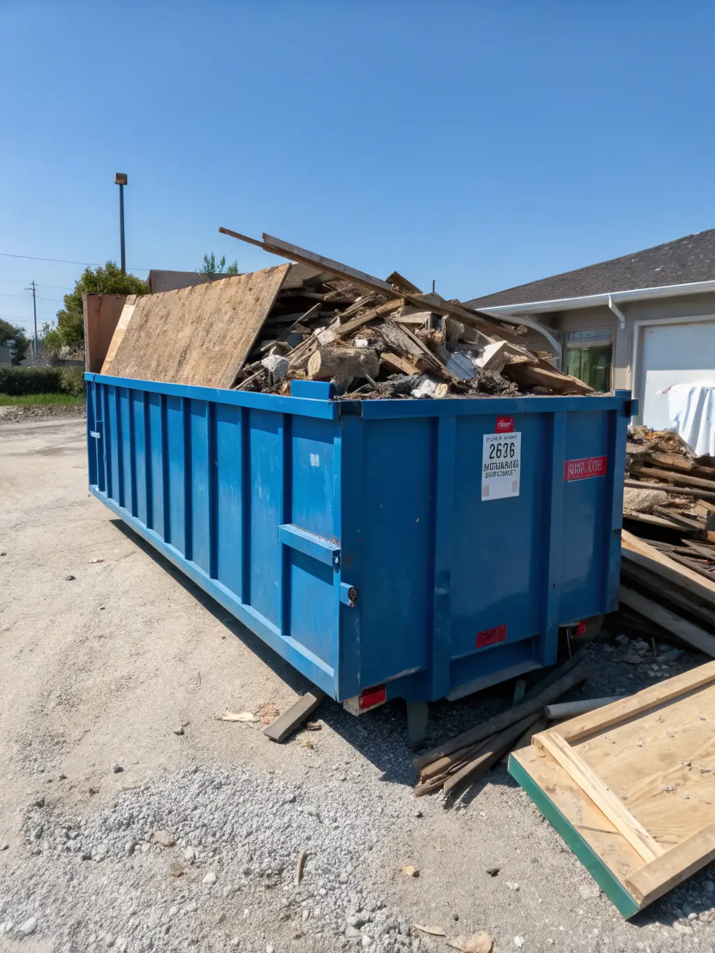 A roll-off dumpster filled with demolition debris, including broken concrete and wood, at a demolition site in El Paso, Texas.