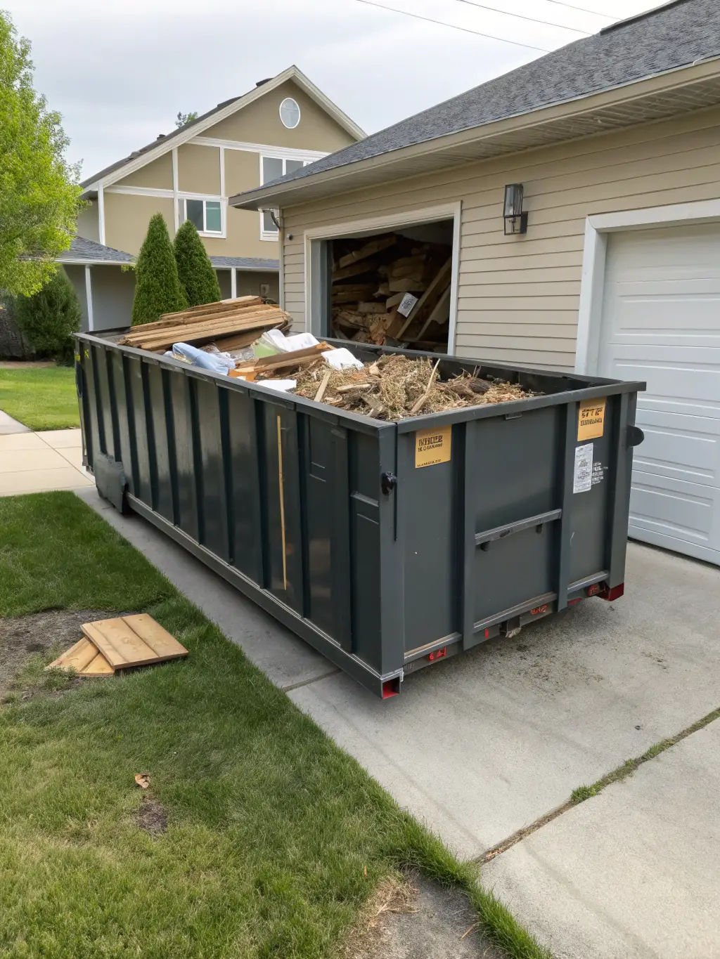 A clean, empty roll-off dumpster on a residential street in El Paso, Texas, ready for use.
